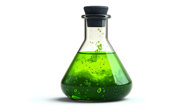 Green Liquid in a Laboratory Flask with Bubbles.