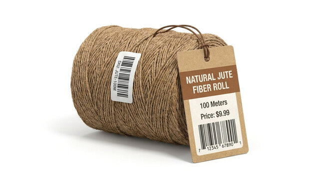 Natural jute fiber roll with a price tag and barcode isolated on white background
