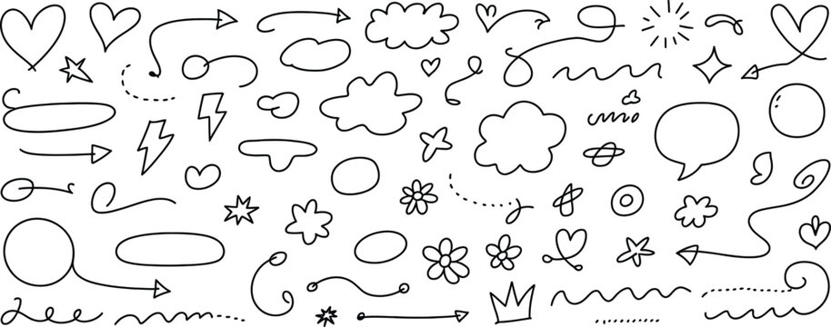 Hand-drawn doodle set featuring black ink outlines of hearts, arrows, speech bubbles, clouds, stars, flowers, lightning bolts, swirls, and decorative lines on a white background