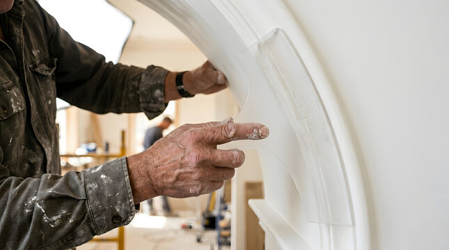 Craftsman applying plaster to architectural arch | Professional home renovation wall finishing | Decorative molding installation techniques | Skilled worker using plastering tools