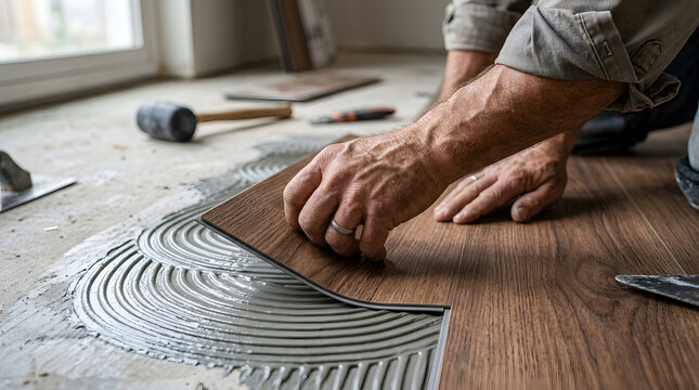 Professional vinyl plank flooring installation | Contractor laying luxury vinyl floor adhesive | Home renovation glue down flooring project | Close up of worker installing wood look planks