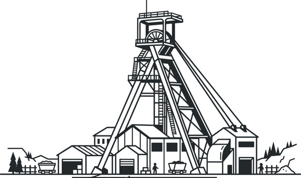Mining headframe facility with pulley system and industrial buildings