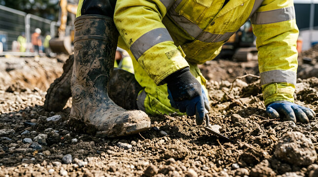 Construction worker digging in dirt|Manual labor on building site|Worker in high visibility safety gear|Professional groundworker at excavation site
