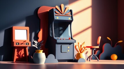 Obraz premium Stylized room features retro gaming setup. Arcade machine, television, plants, chair present. Warm lighting creates dramatic shadows.