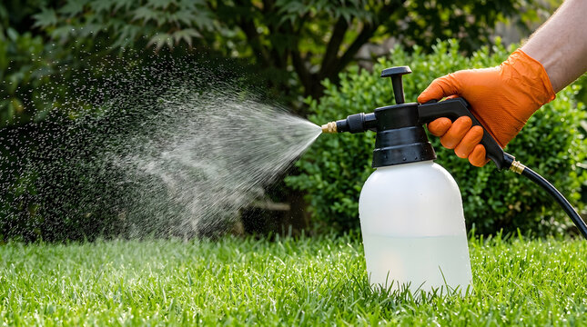 Hand operating compression sprayer on green lawn | Garden pest control treatment with pressure sprayer | Person applying liquid fertilizer to backyard grass | Weed killer application in home garden