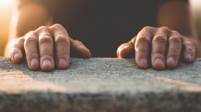 Two hands rest on a stone surface. The photo is warm and inviting, perfect for illustrating concepts of support, stability, or contemplation.
