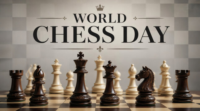 professional chessboard photo intricate carved pieces blur background golden cursive world chess day text modern serif font gradient effect dark blue sophistication strategy focus competition high qua
