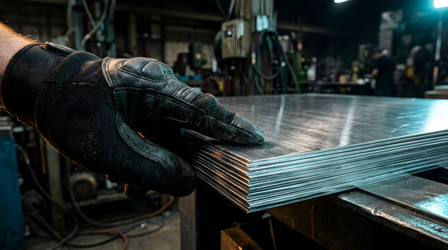 worker handling steel sheets in factory | heavy duty work gloves for industrial metalwork | industrial manufacturing process close up | manual labor in metal fabrication shop