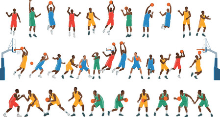 Vector illustrations of basketball players in various action poses, including dribbling, shooting, and passing. © Mdjony
