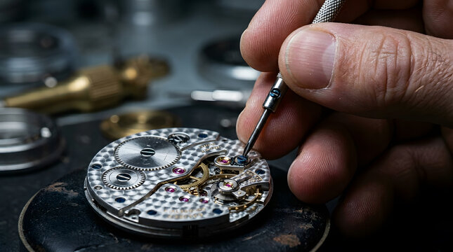 professional watchmaker repairing luxury watch | close up of horologist tools and watch movement | precision watch repair service | craftsmanship in traditional horology