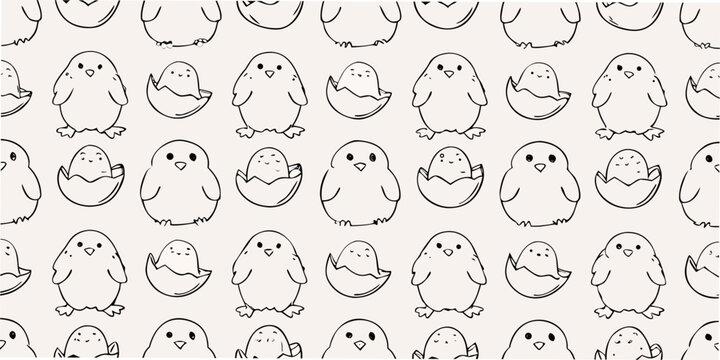 Cute chick and eggshell pattern minimalist line art style