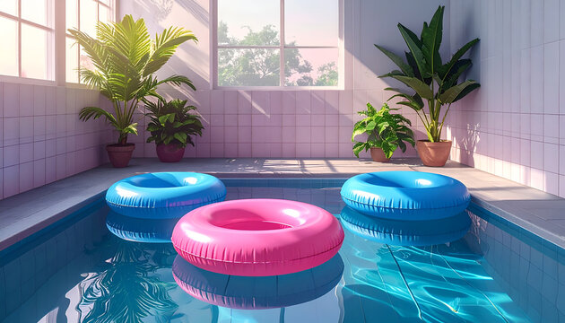 Serene Indoor Swimming Pool with Inflatable Rings and Lush Green Plants.