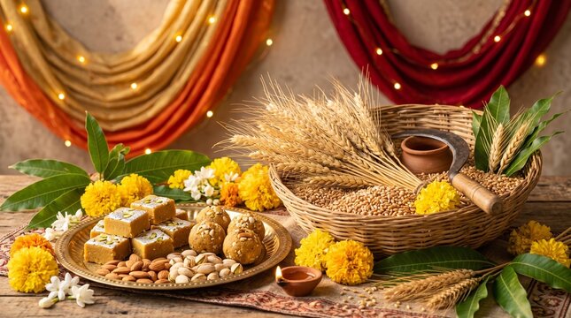 Traditional Indian Harvest Festival Celebration with Sweets, Wheat Stalks, and Lit Diya on Wooden Background - Baisakhi, Vishu, and Ugadi Concept 3D Render