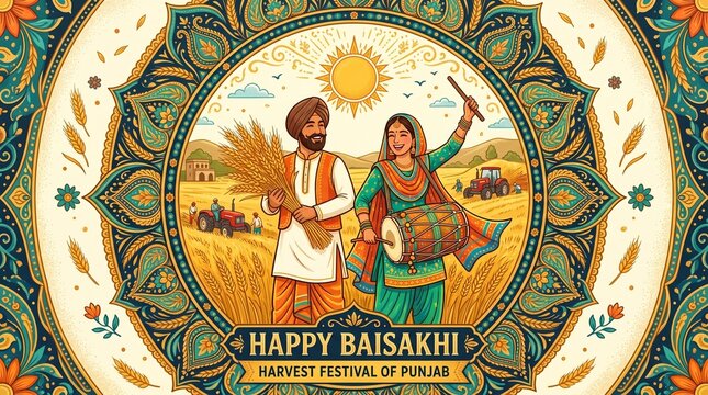 Baisakhi Harvest Festival Vector Illustration: Punjabi Couple Celebrating with Dhol and Wheat in Golden Fields, Traditional Sikh New Year Vaisakhi Greeting Background