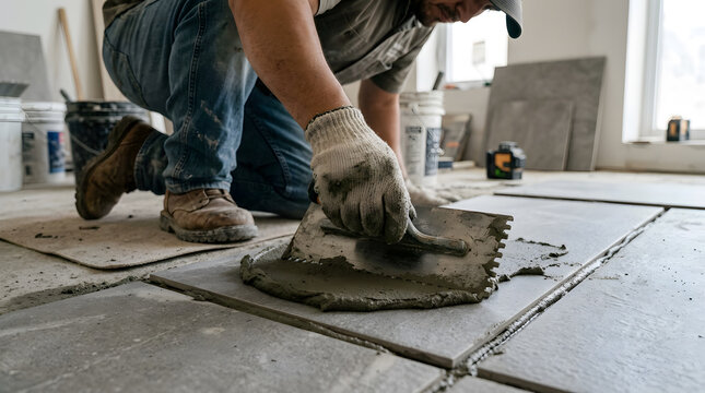 Professional floor tile installation services | Tiler applying mortar to porcelain tile | Home renovation and flooring project | Large format tile installation process