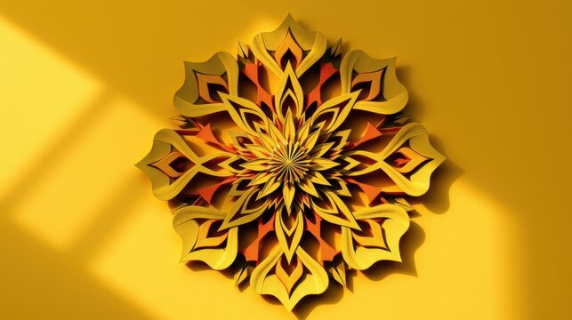 Intricate golden mandala design. Warm tones, layered petals, dramatic shadow creates depth. Beautiful symmetrical pattern.