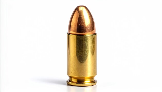 A single metallic bullet with a copper tip and brass casing against white