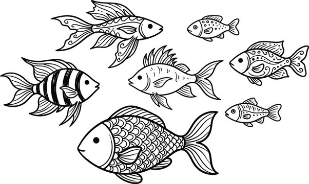 Hand drawn vector collection of diverse decorative fish with intricate patterns and scales isolated on white background for coloring book designs.