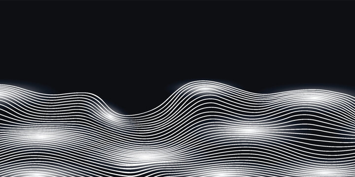 Parallel waves of blue color. Blue symmetrical waves, digital background. Smooth movement of liquid smooth copper form. Water texture surface made of glowing turquoise particles. Futuristic