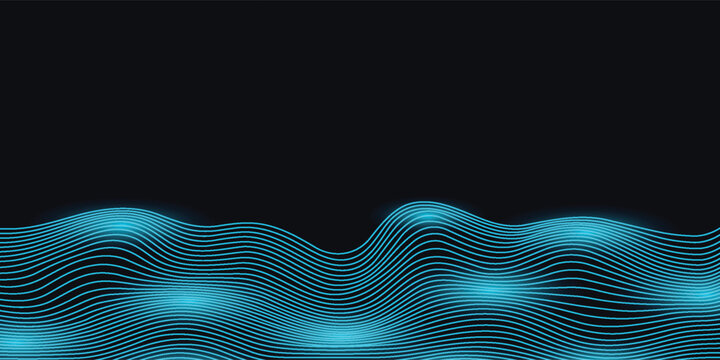 Parallel waves of blue color. Blue symmetrical waves, digital background. Smooth movement of liquid smooth copper form. Water texture surface made of glowing turquoise particles. Futuristic