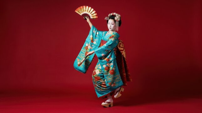 Beautiful geisha dancing with folding fan on red background