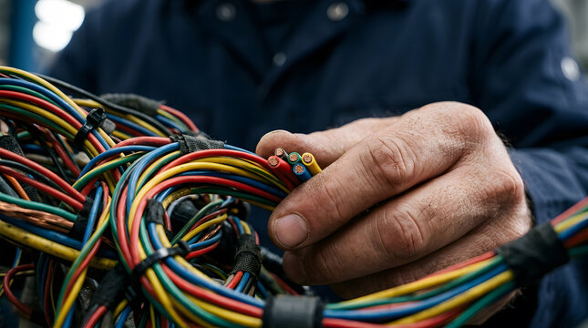 Professional electrician hands holding wire bundle | Colorful electrical cable management in workshop | Closeup technician repairing complex wire harness | Multicore electric cables installation