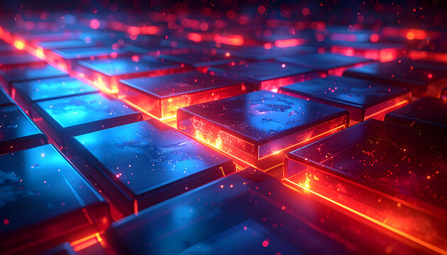 Abstract Digital Grid with Glowing Neon Blue and Red Energy.