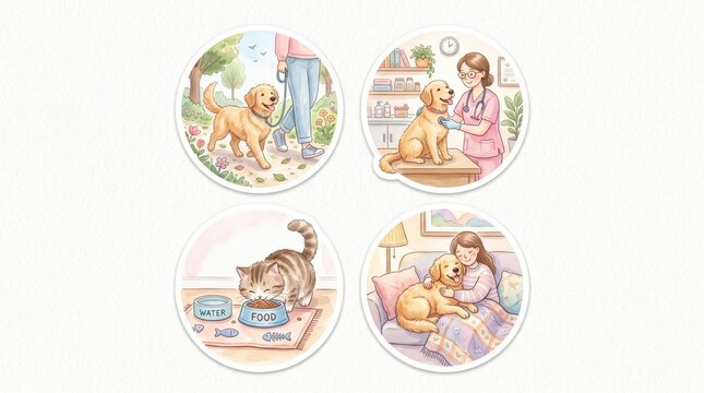 Four detailed vignettes show pet care a dog walk, vet check, cat eating, and loving dog hug
