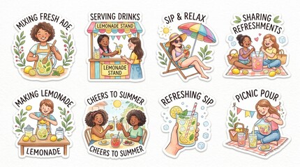 Fototapeta premium Children and young adults make, serve, and enjoy fresh lemonade during summer outdoor activities