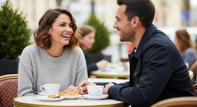 A man and a woman are laughing and talking animatedly while sitting at a cafe table. They are sharing croissants and coffee.