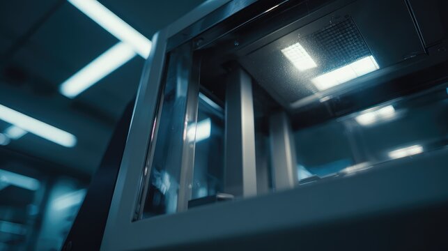 Advanced 3d printer machine operating in a professional laboratory, fabricating prototypes for industrial innovation and development, showcasing modern technology and automation in manufacturing