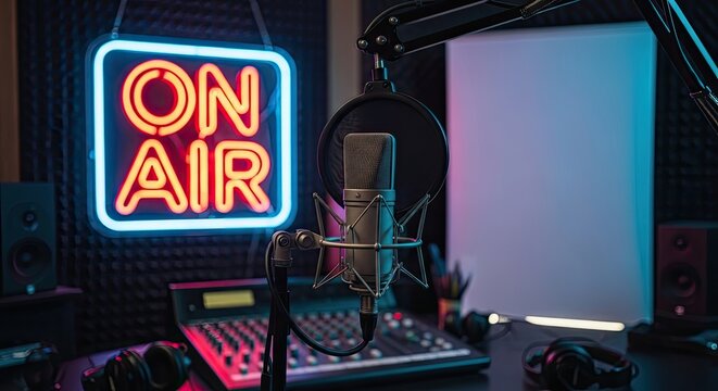 A professional recording studio setup is displayed. A black backdrop features a bright neon sign that reads "ON AIR".