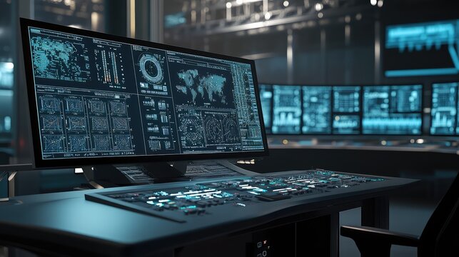 Modern control room with high tech monitor showing world map, charts and graphs, illuminated console keyboard and dashboards highlighting cybersecurity, network monitoring and analytics
