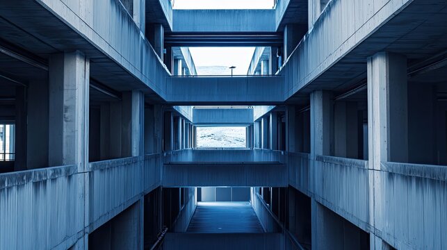 Concrete brutalist architecture creates a symmetrical and minimalist urban structure, forming abstract geometric patterns and a sense of futuristic design with its strong lines and blue tone