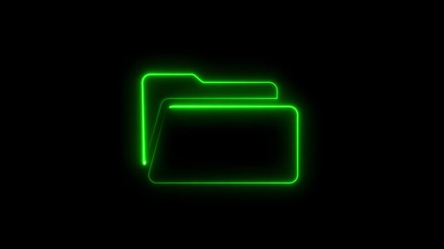 Neon green folder glowing outline on black background technology symbol computer folder neon sign
