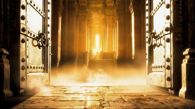 Monumental bronze doors opening slowly to reveal a mysterious, grand hall filled with ethereal golden light and mystical fog, hinting at a hidden treasure or a passage to another realm