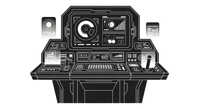 Futuristic spaceship control panel or scifi command console with digital interface and holographic screens
