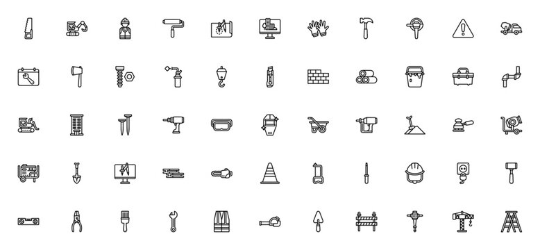 Construction icon pack. Industrial vector icon set. Includes symbols for saw, excavator, blueprint, hammer, crane, bricks, drill, helmet, safety, tools, building and more.