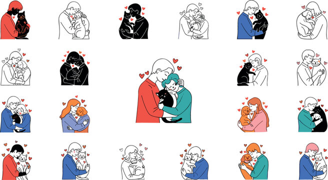 Vector illustrations of people hugging and sharing affectionate moments with their pets, including cats and dogs.