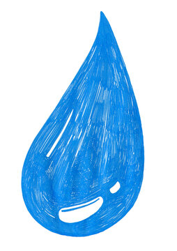 Hand drawn vibrant blue drop on a white background. Marker illustration with a glossy effect, crumped texture. Ideal for water, ecology, purification, cleaning, humidity, and beverage concepts.