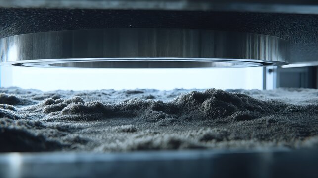 Industrial 3d printer building an object layering fine metal particulate material, demonstrating advanced future technology and the innovation of industrial engineering