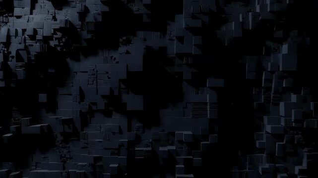 Slow tracking shot of dark geometric blocks shifting across abstract industrial wall interior with deep shadows