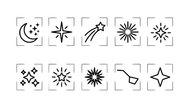 Modern star line icon set with glow twinkle firework and sparkle burst vector illustrations