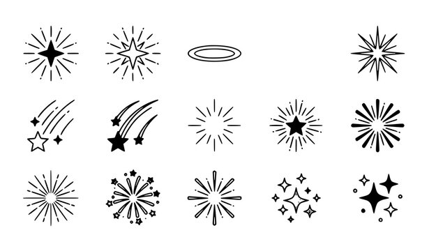 Professional star flat line icon set with glowing sparkle firework and twinkle vector illustration collection