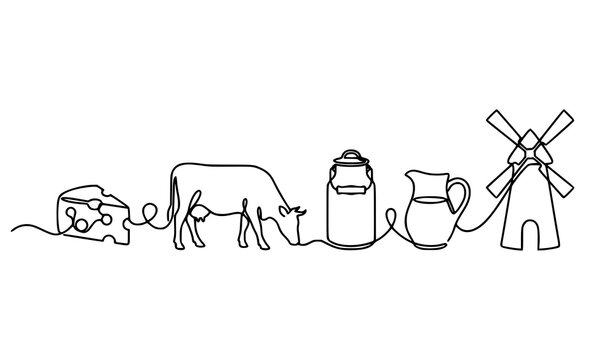 Creative one line cheese dairy farm collection with cow milk can pitcher and windmill vector illustration
