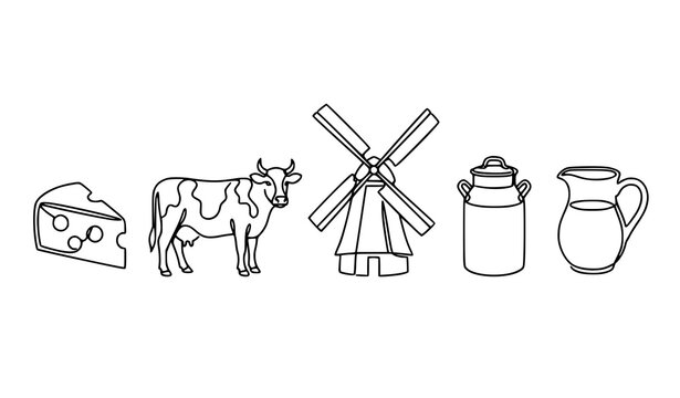 Minimal continuous one line cheese theme vector set with cow milk can pitcher and dairy mill illustration isolated on white background