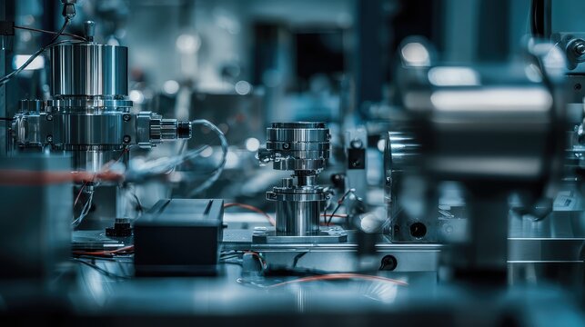 Scientific instrument with complex optical components and cables for high precision measurement, advancing technology and engineering in a laboratory setting