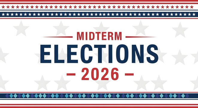Patriotic banner announcing midterm elections in 2026 with stars and red, white, and blue colors.