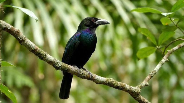 Black drongo bird perched on a mossy branch with iridescent feathers and a soft green foliage background