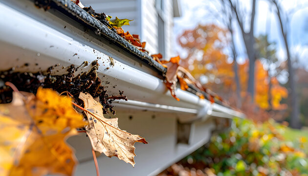 Clogged Gutter Filled with Autumn Leaves and Debris.